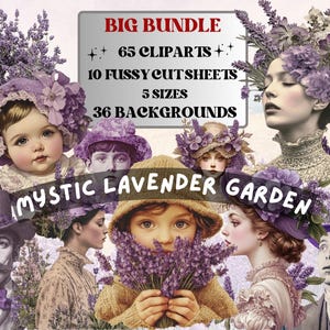 Mystic Lavender Garden Collage Elements, Whimsical Surreal Spring Fussy Cut, Quirky Blooming Clipart, Lavender Journal, Clipart Background