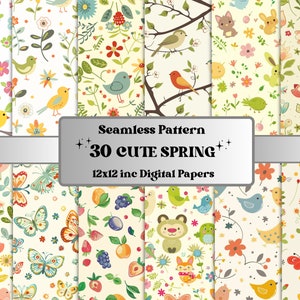 Papel digital de primavera lindo sin costuras, patrón sin costuras de vivero pastel, fondo de flores Kawaii, patrón de baby shower de primavera, papel de álbum de recortes