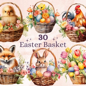 30 PNG acuarela cesta de Pascua Clipart, flores de Pascua tulipanes cesta ilustraciones Clip art, sublimación de conejito de Pascua, pollito de primavera Png