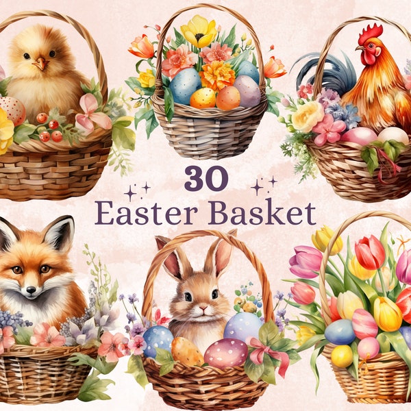 30 PNG Watercolor Easter Basket Clipart, Floral Easter Tulips Basket Illustrations Clip art,  Easter Bunny Sublimation, Spring Chick Png