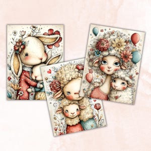 May include: Three whimsical art prints featuring adorable animal characters. One print showcases a bunny with floral accents, while the others depict sheep adorned with flowers and balloons. The prints have a soft, watercolor style with pastel colors.