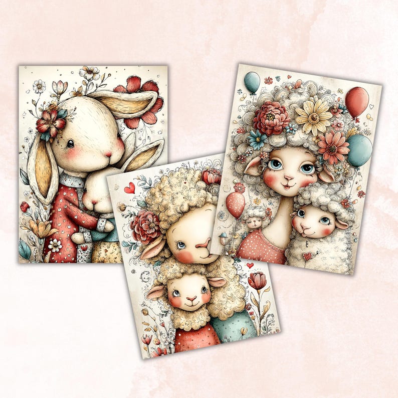 May include: Three whimsical art prints featuring adorable animal characters. One print showcases a bunny with floral accents, while the others depict sheep adorned with flowers and balloons. The prints have a soft, watercolor style with pastel colors.
