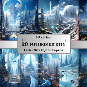 Papel digital de ciudad futurista imprimible, Fondo de arte futurismo, Telón de fondo de paisaje de ciudad de fantasía, Descargar diario basura, Scrapbooking, Tarjeta
