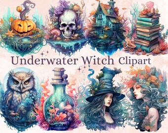 38 PNG Watercolor Underwater Witch Clipart Bundle, Under the Sea Witchcraft Clip art, witch clip art png, magic clip art, witchcraft png