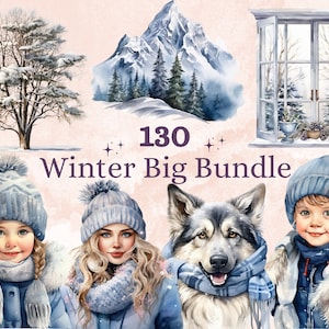 130 PNG Watercolor Winter Big Bundle Clipart, Snowy Forest Landscape Illustrations Clip art, Cozy Winter Wonderland Scenes Png Sublimation