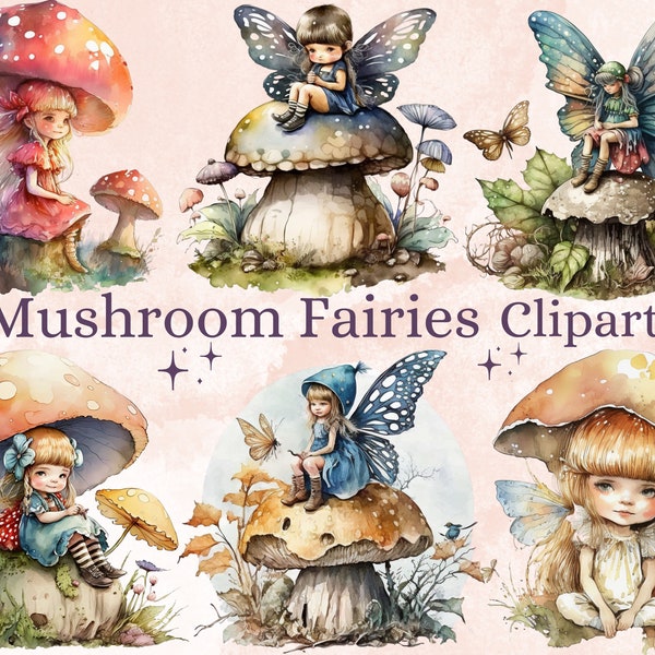 20 PNG Watercolor Mushroom Fairies Clipart, Enchanted Forest Fairy PNG Bundle, fairy tale graphics, Floral Little Fairies Fairyland Clip art