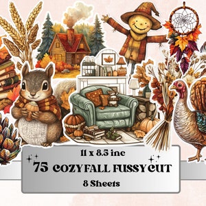 Cozy Fall Bundle Fussy Cut Pages, Vintage Autumn Fussy Cut Ephemera, Rustic Fall Add On Journal Kit, Cozy Scrapbooking, Fall Sticker Set
