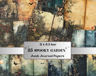 May include: A collection of 25 "Spooky Garden" junk journal papers, each 11 x 8.5 inches. The papers feature vintage illustrations of spooky gardens, houses, and butterflies in muted tones of brown, green, and beige, with a touch of red.
