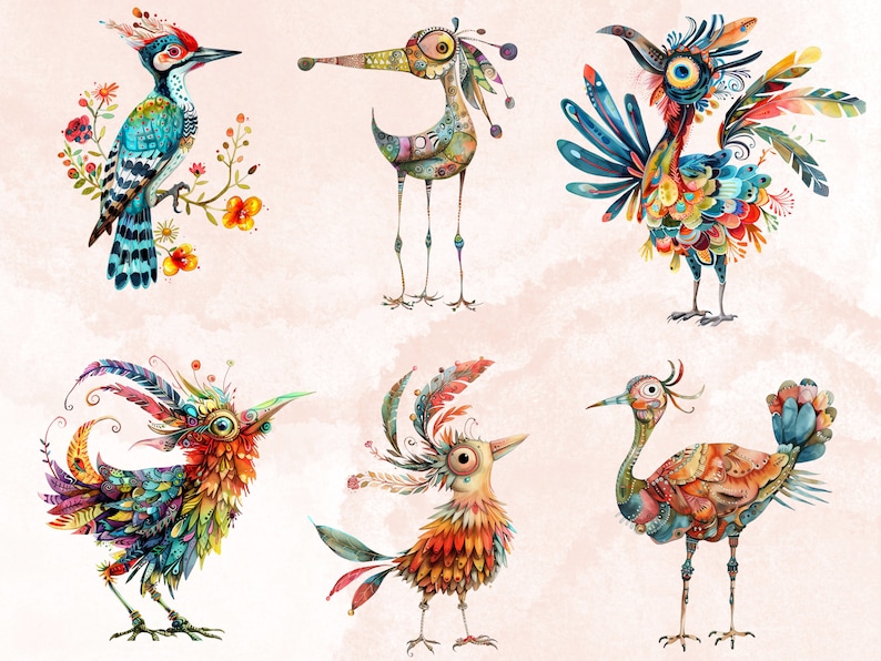 45 PNG Watercolor Quirky Birds Clipart, Whimsical Crazy Birds Illustrations Clip art, Funny Cartoon Bird Emotions png, Quirky Sublimation