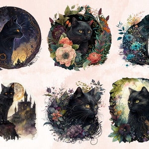 16 PNG Watercolor Fantasy Black Cats Clipart, Black Cat Clip Art, Celestial Black Cat Clipart, Magical clipart, Witchcraft Bundle, pagan png