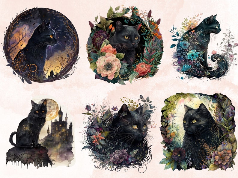 16 PNG Watercolor Fantasy Black Cats Clipart, Black Cat Clip Art, Celestial Black Cat Clipart, Magical clipart, Witchcraft Bundle, pagan png