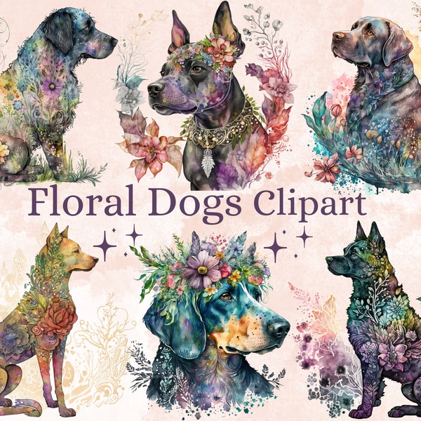 21 PNG Watercolor Floral Dogs Clipart, Dog Clipart Watercolour Bundle, Dogs with flowers, Kawaii Dog PNG, Dogs Digital Image Downloads pack