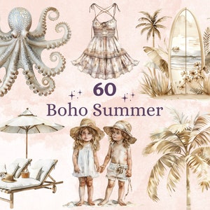 60 PNG Watercolor Boho Summer Clipart, Bohemian Summer Girl Illustrations Clip art, Tropical Beach Holiday Png, Boho White Beach Sublimation