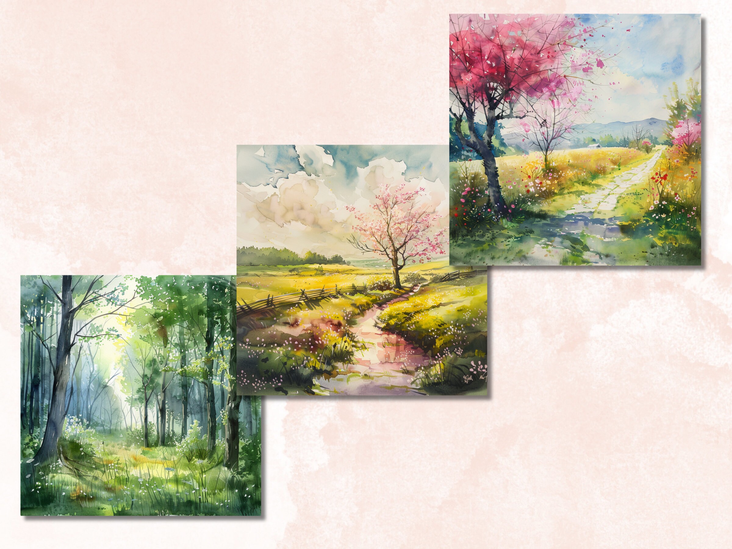 Printable Watercolor Spring Landscapes Digital Paper, Spring Woodland ...