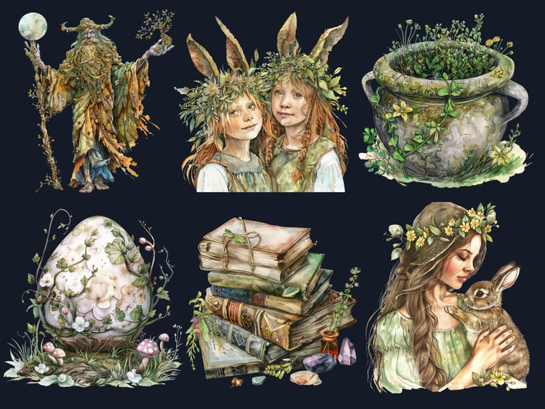 60 PNG Watercolor Ostara Clipart, Floral Spring Equinox Art Illustrations Clip art, Wheel of the Year png, Pagan Ostara Goddess Sublimation