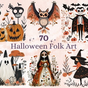 70 PNG Akwarela Skandynawski Halloween Clipart, Halloween Folk Art Ilustracje Clip Art, Jesienne Święta png, Nordyckie Jesienne Ozdoby