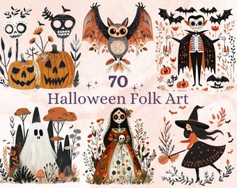 70 PNG Watercolour Scandinavian Halloween Clipart, Halloween Folk Art Illustrations Clip art, Fall Holiday png, Nordic Autumn Ornaments