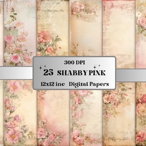 Kit diario spazzatura rosa shabby chic, collage effimero shabby chic vintage, carta per album romantici, carte digitali stampabili con rose floreali
