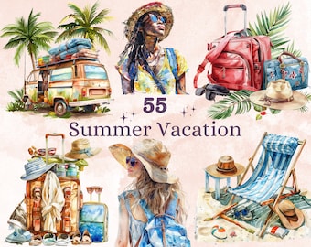 55 PNG Watercolor Summer Vacation Clipart, Summer Traveler Illustrations Clip art, Tropical Beach Holiday Png, Travel Landmarks Sublimation