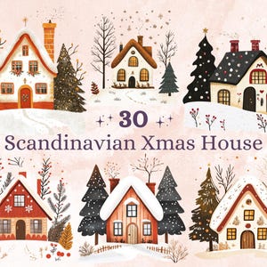 30 PNG Clipart casa di Natale scandinava, Clip art illustrazione arte popolare casa di Natale, Case invernali png, Ornamento di Natale nordico