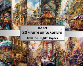 Printable Watercolor Mardi Gras Scenes Digital Paper, Mardi Gras Shrove Landscape, Fat Tuesday Pages Junk Journal, Scrapbooking, Card Making