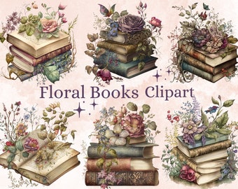 23 PNG Watercolor Floral Books Clipart, Book Clip Art, Book Bundle PNG, vintage books stacklibrary clip art, old books, Book lover clipart