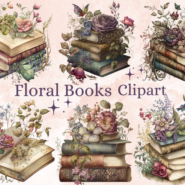 23 PNG Watercolor Floral Books Clipart, Book Clip Art, Book Bundle PNG, vintage books stacklibrary clip art, old books, Book lover clipart