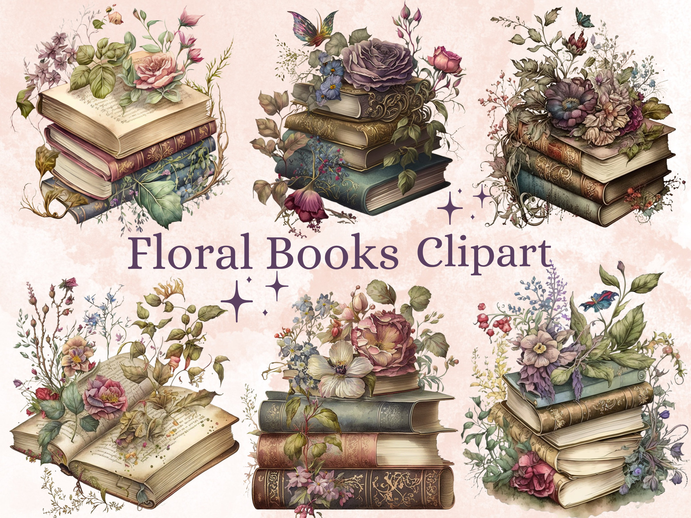23 PNG Watercolor Floral Books Clipart, Book Clip Art, Book Bundle PNG, vintage books stacklibrary clip art, old books, Book lover clipart