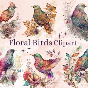 20 PNG Watercolor Floral Birds Clipart, Fantasy Bird Clip Art, Spring Birds png, bird illustration, springtime cute bird and blossom bundle
