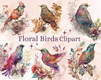 20 PNG Watercolor Floral Birds Clipart, Fantasy Bird Clip Art, Spring Birds png, bird illustration, springtime cute bird and blossom bundle