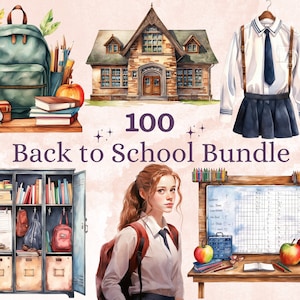 100 PNG acuarela Regreso a la escuela Big Bundle Clipart, Ilustraciones de la Academia Clip art, Estudiante Maestro png, Sublimación de suministros de aula