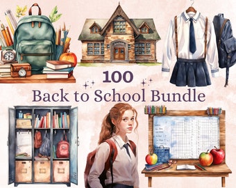 100 PNG Watercolor Back to School Big Bundle Clipart, Academia Illustrations Clip art, Student Teacher png, Classroom Supplies Sublimation