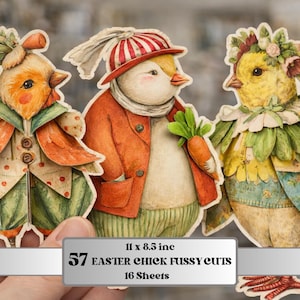 May include: Three whimsical Easter chick cutouts. The chicks are dressed in colourful outfits, including a red jacket, a green and white dotted vest, and a floral headdress. The image includes the text: "57 Easter Chick Fussy Cuts, 16 Sheets, 27.9 x 21.6 cm."