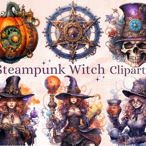 38 PNG Watercolor Steampunk Witch Clipart, Steampunk Witchcraft Clip art, witch clip art png, magic clip art, Witch Bundle, witchcraft png