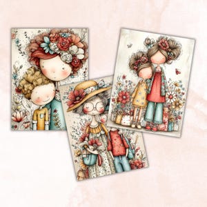 May include: Three watercolor art prints featuring whimsical illustrations of figures with floral accents. The prints depict a mother and child, a grandmother, and a mother and daughter, all surrounded by flowers and butterflies. The color palette includes soft pastels.