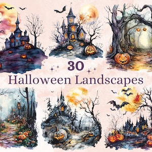 30 png-aquarel Halloween-landschappen clipart, Halloween scènes illustraties illustraties, gotische pompoenboom png, Haunted Forest sublimatie