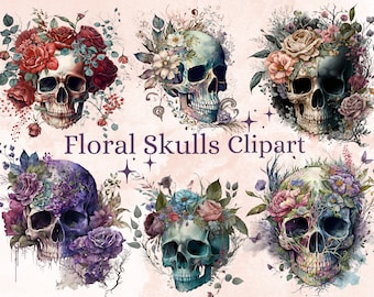 24 PNG Watercolor Floral Skull Clipart, Floral Skull Clip Art Bundle, Gothic Clipart, Fantasy Clip art, witch png, wiccan clipart, Skull png