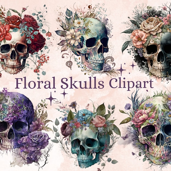 24 PNG Watercolor Floral Skull Clipart, Floral Skull Clip Art Bundle, Gothic Clipart, Fantasy Clip art, witch png, wiccan clipart, Skull png