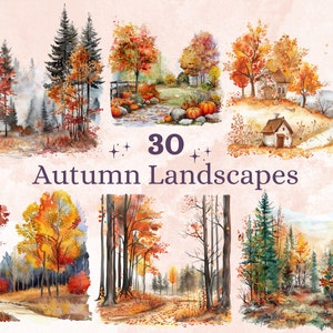 30 PNG aquarela paisagem de outono clipart, ilustrações de cenas de floresta de outono clip art, floresta de outono png, folhas de árvore de outono sublimação
