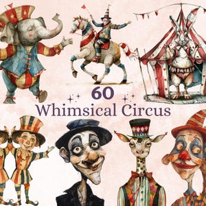 60 PNG Acuarela caprichosa Circo Clipart, Quirky Vintage Circus Illustrations Clip art, Lindo payaso espeluznante png, Sublimación de efímeras de circo