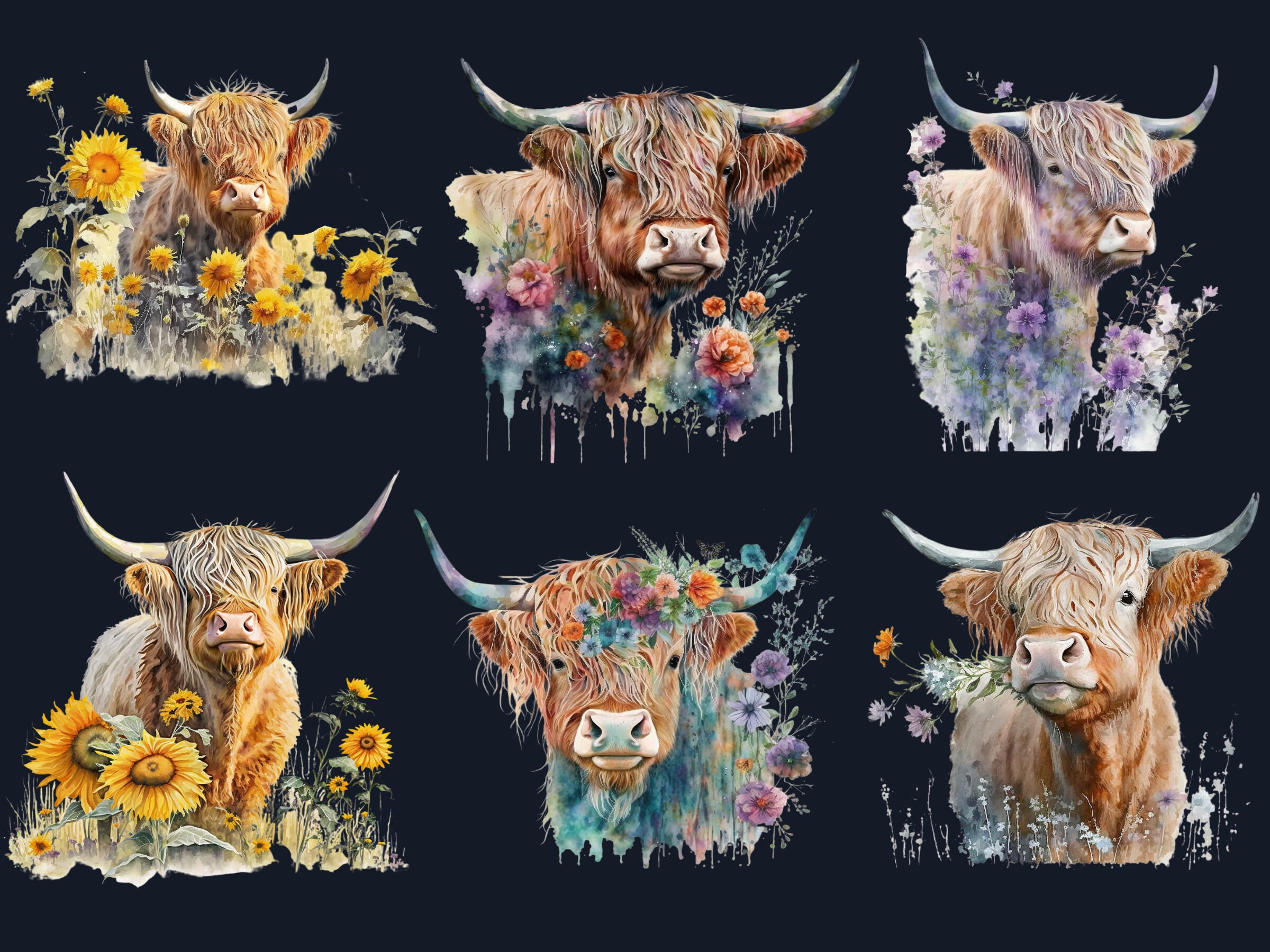 27 PNG Watercolor Floral Highland Cow Clipart, Highland With Flowers ...