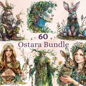 60 PNG aquarelle Ostara Clipart, Floral équinoxe de printemps Art Illustrations Clip art, roue de l'année png, sublimation déesse païenne Ostara