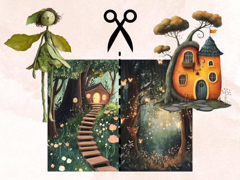 Whimsy Forest Collage Elements Kit, Whimsical Surreal Woodland Fussy Cut, Quirky Weird People Clipart, Junk Journal, Clipart Background