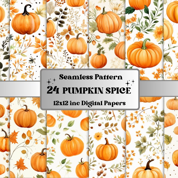 Seamless Watercolor Pumpkin Spice Digital Paper Pack, Pumpkin Harvest Seamless Pattern, Fall Autumn Background, Fantasy Scrapbook Papers