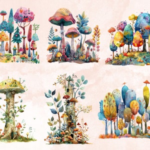 30 PNG Watercolor Quirky Forest Clipart, Whimsical Mushroom Illustrations Clip art, Funny Woodland Scenes png, Quirky Botanical Sublimation