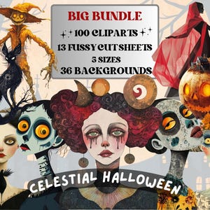 Celestial Halloween Collage Elements Bundle, Witchy Cosmic Fussy Cut, Quirky Spooky Sky Clipart, Whimsy Junk Journal, Mixed Media Sheet
