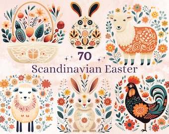70 PNG Watercolor Easter Folk Art Clipart, Scandinavian Easter Egg Illustrations Clip art, Easter Bunny Sublimation, Nordic Spring Ephemera