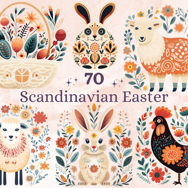 70 PNG Aquarell Ostern Volkskunst Clipart, skandinavische Osterei Illustrationen Clip art, Osterhase Sublimation, nordische Frühling Ephemera