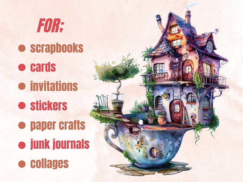 30 PNG Watercolor Quirky House Clipart, Whimsical Mushroom House Illustrations Clip art, Teapot Fairy House png, Cute Apartment Sublimation