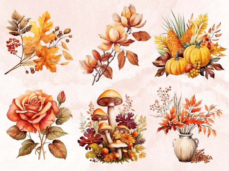 45 PNG Watercolor Fall Botanical Clipart, Autumn Flowers Illustrations ...